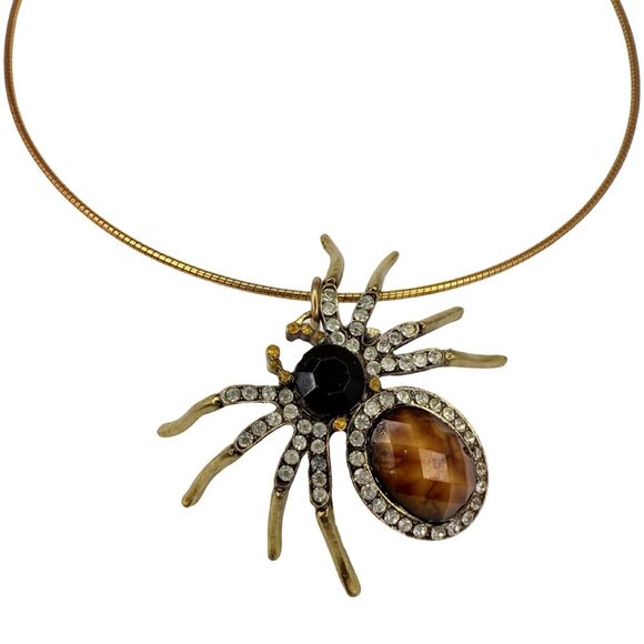 Vtg Gold Tone Spider Pendant Choker Necklace 16.5" With Rhinestones Statement - Picture 5 of 12